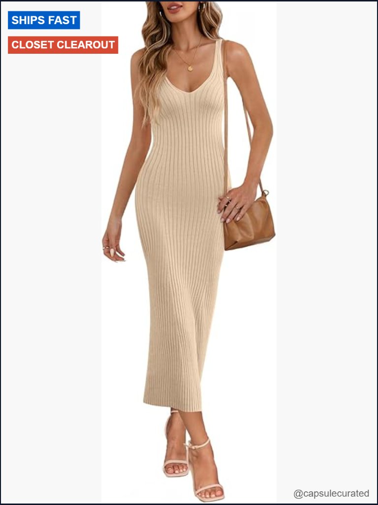 Deep V Neck Sleeveless Bodycon Midi Dress Ribbed Knit Sweater Dress